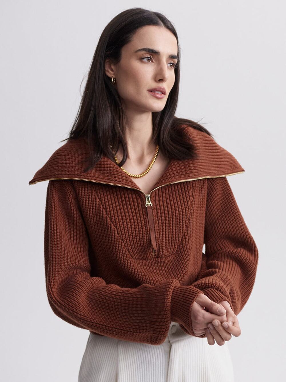 Varley Mentone Half Zip Pullover sweater Tortoise Shell Brown chunky knit SMALL